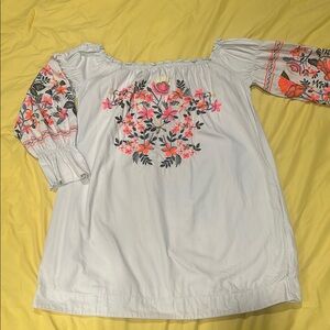 Free People White Long Sleeve Dress with Floral Embroidery